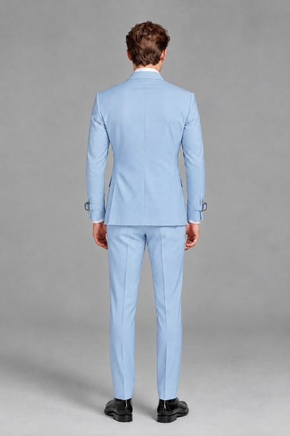 Savile Men's Powder Blue Buckle-Closure 2-Piece Suit Set | Peak Lapel Blazer & Trousers - Powder Blue