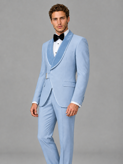 Savile Men's Powder Blue Velvet Shawl Lapel Tuxedo Suit – Modern Side-Buckle Dinner Jacket & Trousers 2-Piece Set - Powder Blue
