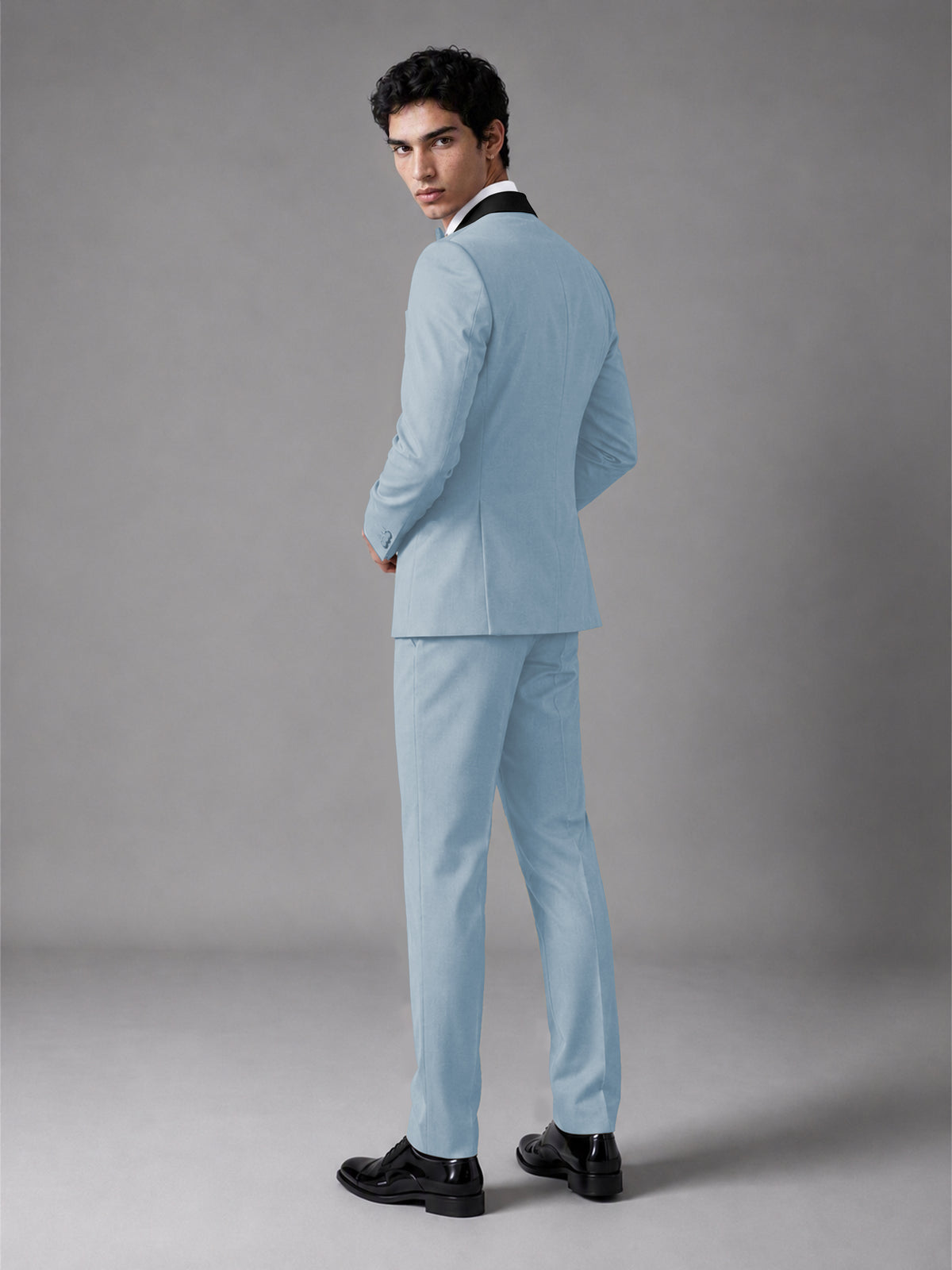 Men's Powder Blue Double-Breasted Satin Peak Lapel Tuxedo Suit Set (Jacket + Trousers) - Powder Blue