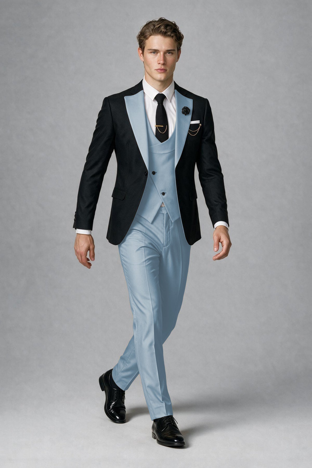 Savile Men's Black & Powder Blue Three-Piece Wedding Suit - Powder Blue