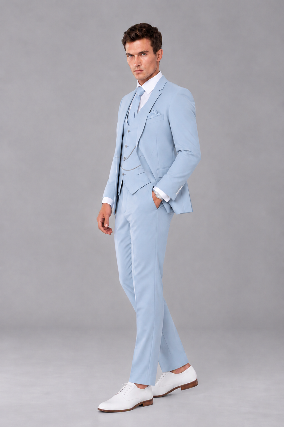 Savile Powder Blue 3-Piece Suit with Notch Lapel & Chain Vest - Powder Blue