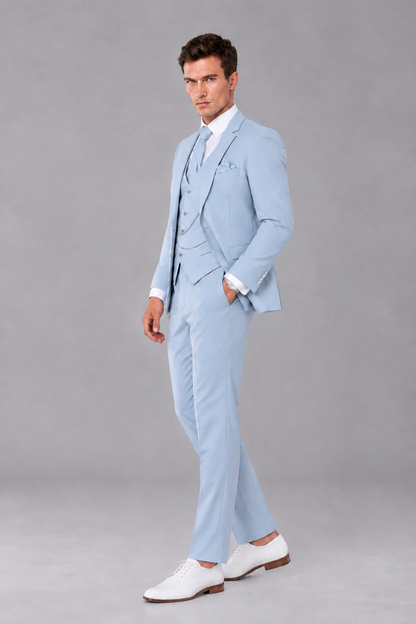 Savile Powder Blue 3-Piece Suit with Notch Lapel & Chain Vest - Powder Blue
