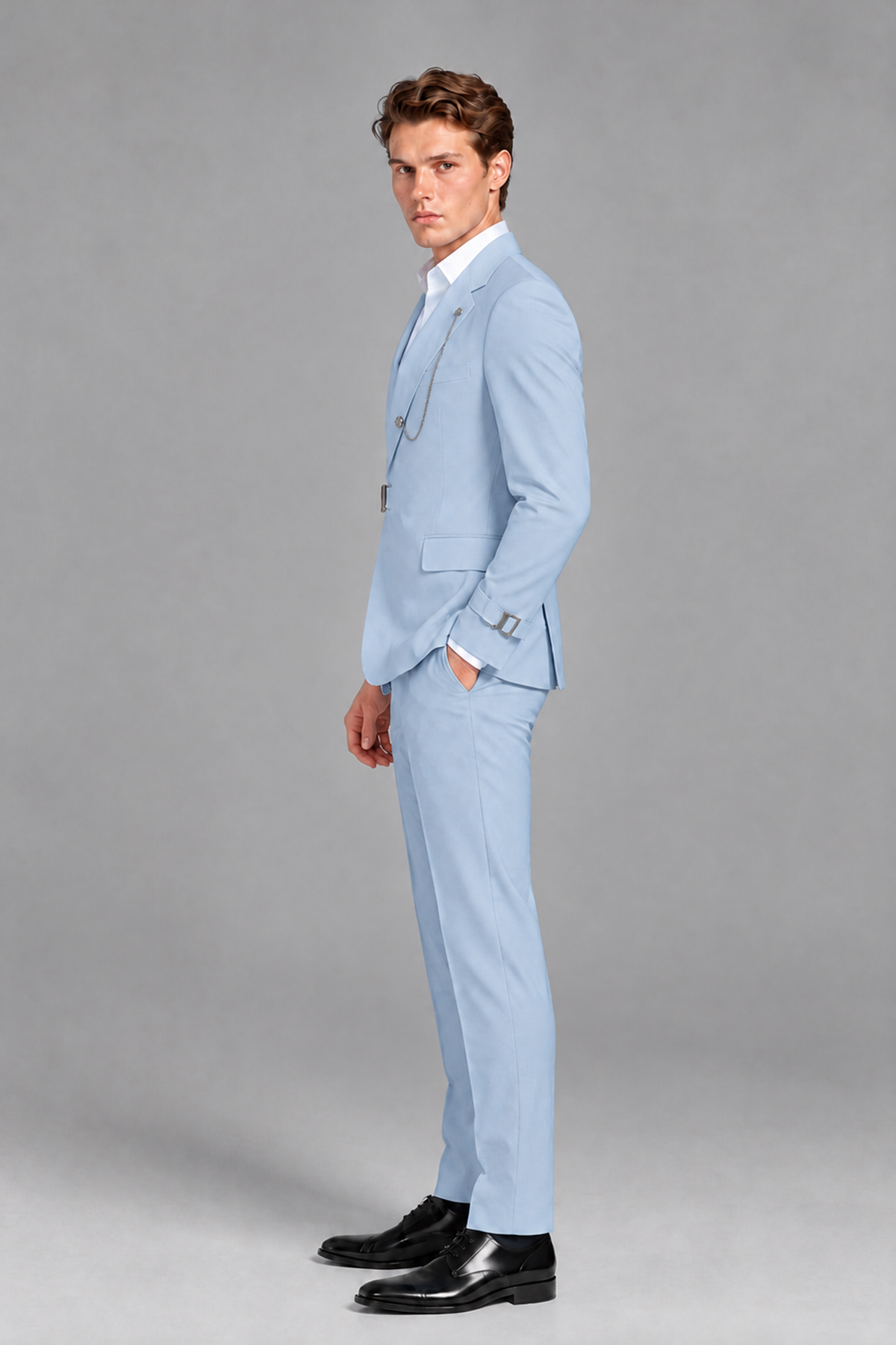 Savile Men's Powder Blue Buckle-Closure 2-Piece Suit Set | Peak Lapel Blazer & Trousers - Powder Blue