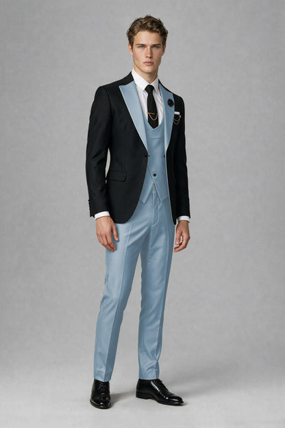 Savile Men's Black & Powder Blue Three-Piece Wedding Suit - Powder Blue