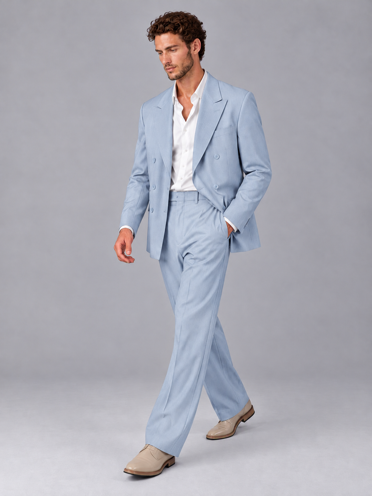 Savile Powder Blue Beige Double-Breasted 2-Piece Suit with Peak Lapel - Powder Blue