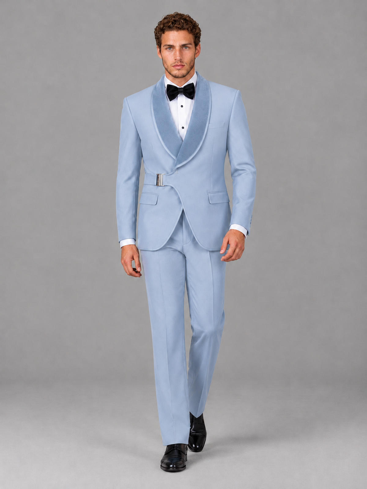 Savile Men's Powder Blue Velvet Shawl Lapel Tuxedo Suit – Modern Side-Buckle Dinner Jacket & Trousers 2-Piece Set - Powder Blue