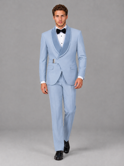 Savile Men's Powder Blue Velvet Shawl Lapel Tuxedo Suit – Modern Side-Buckle Dinner Jacket & Trousers 2-Piece Set - Powder Blue