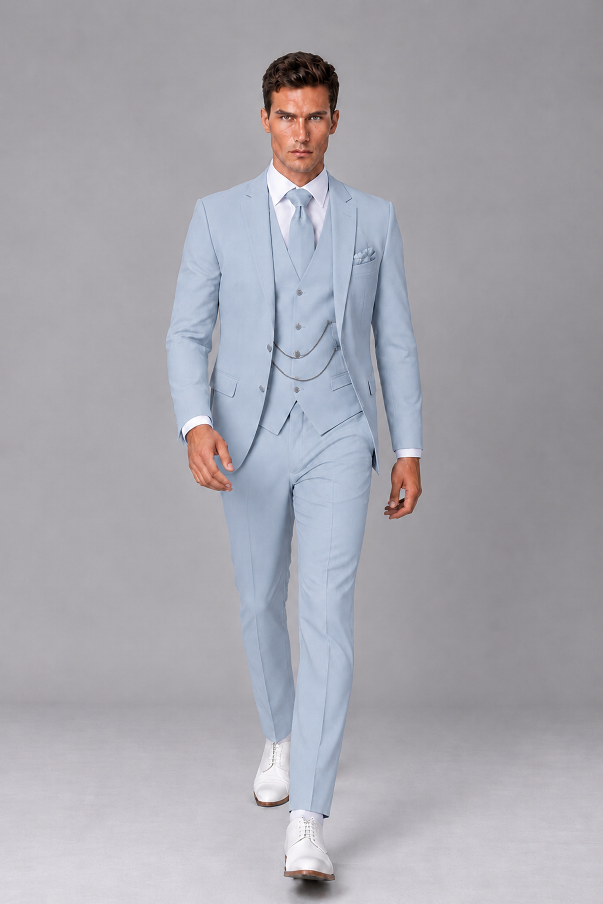 Savile Powder Blue 3-Piece Suit with Notch Lapel & Chain Vest - Powder Blue