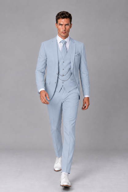Savile Powder Blue 3-Piece Suit with Notch Lapel & Chain Vest - Powder Blue