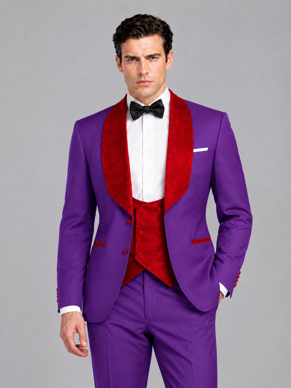 Savile Men's Purple 3-Piece Tuxedo Suit Set – Contrast Red Shawl Lapel Blazer, Red Waistcoat & Trousers - SUC020 - Purple