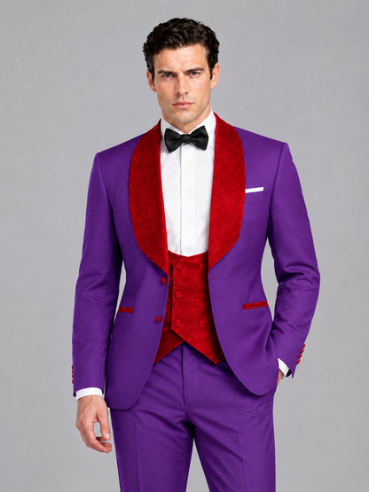 Savile Men's Purple 3-Piece Tuxedo Suit Set – Contrast Red Shawl Lapel Blazer, Red Waistcoat & Trousers - SUC020 - Purple