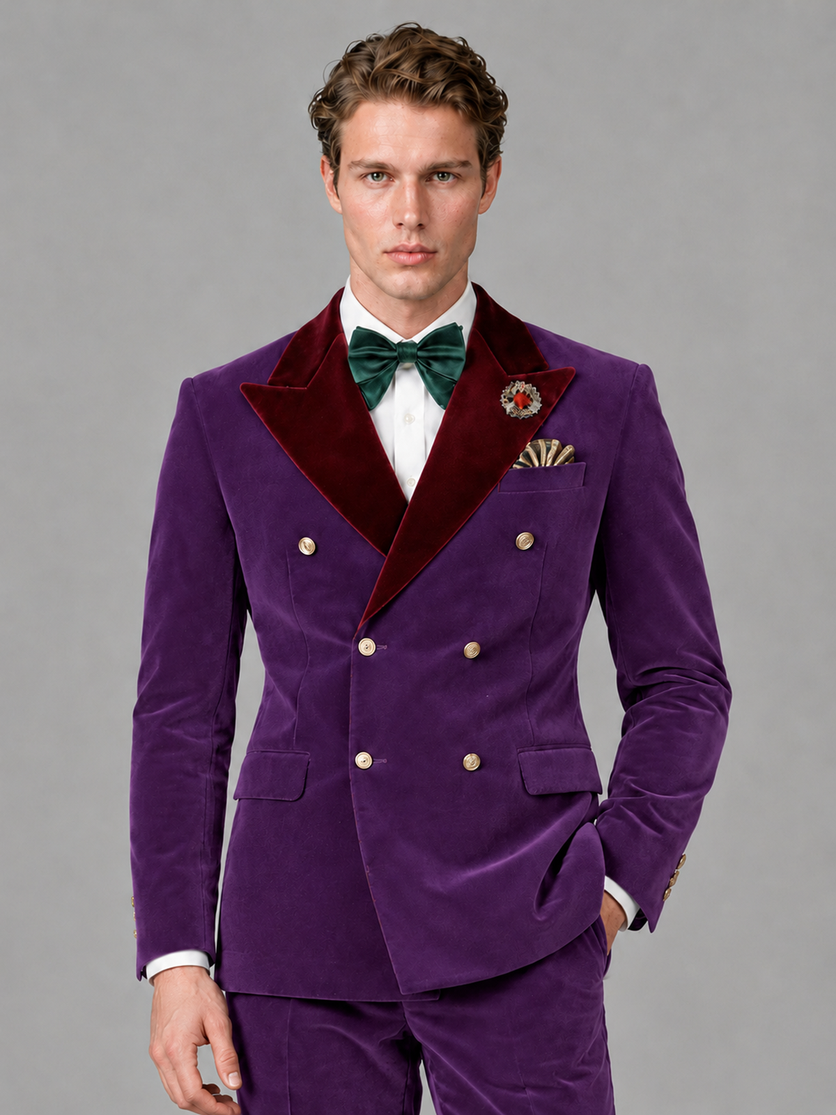 Savile Men's Purple Velvet Double-Breasted 2-Piece Tuxedo Suit with Burgundy Peak Lapel - Purple