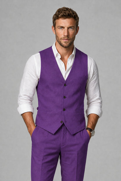 Men's Purple Linen Blend Single-Breasted V-Neck Suit Vest | Savile QX0101 - Purple