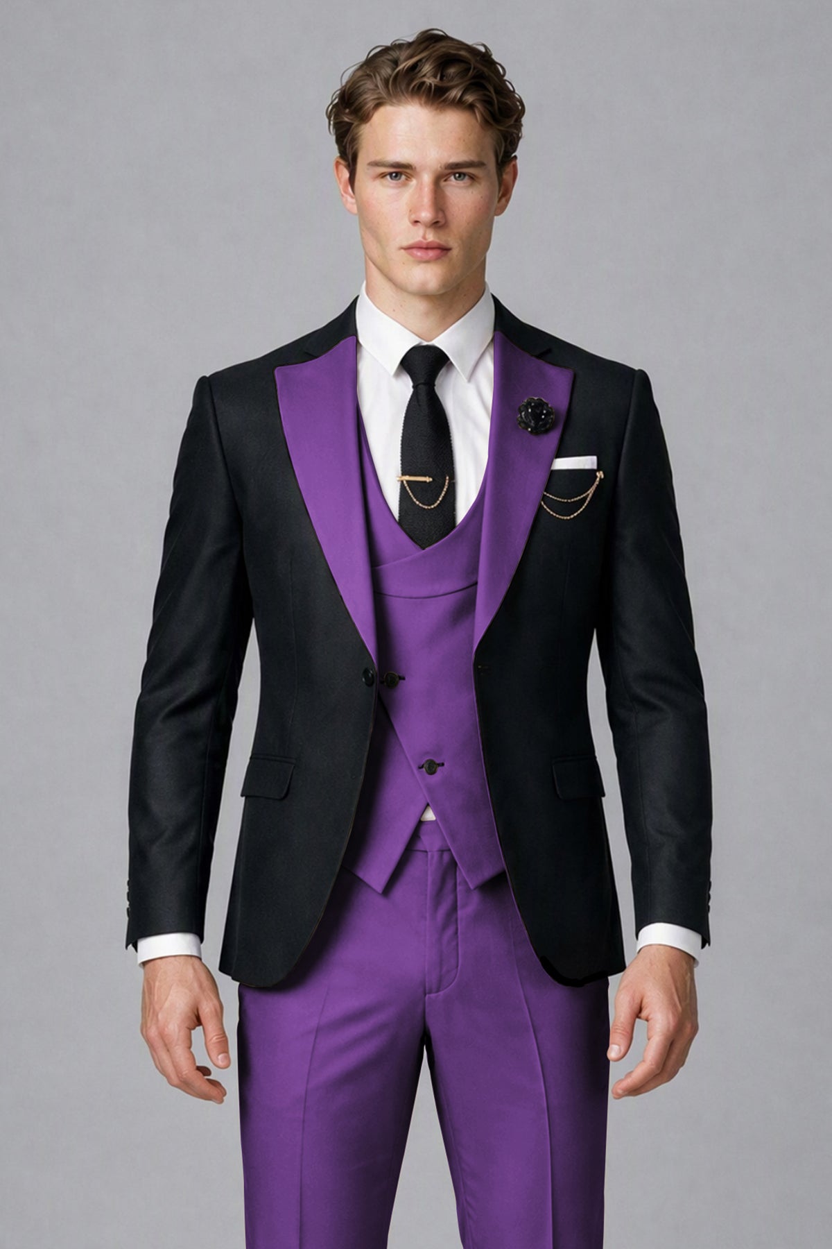 Savile Men's Black & Purple Three-Piece Wedding Suit - Purple