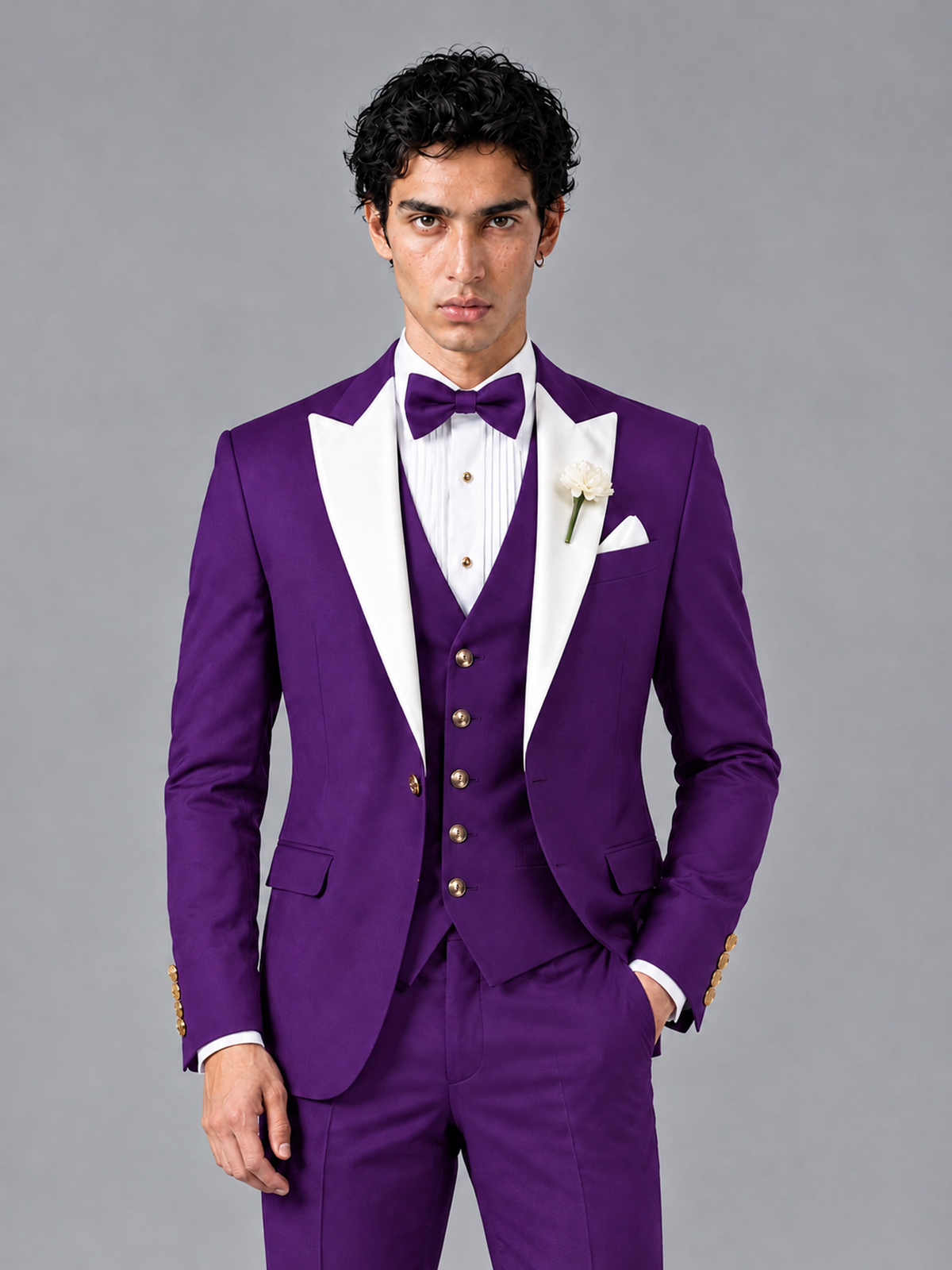 Savile Men's Purple Contrast White Peak Lapel 3-Piece Tuxedo Suit - Purple