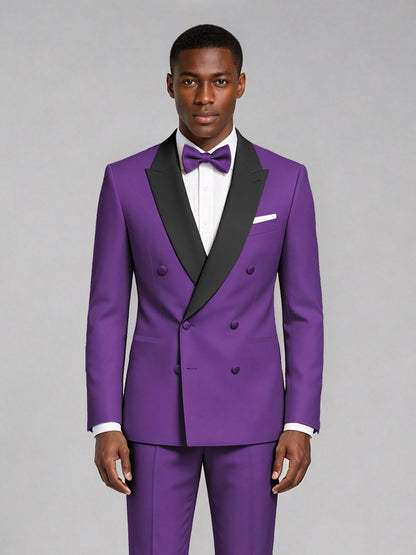 Men's Purple Double-Breasted Tuxedo Suit – Satin Shawl Lapel Purple-Tie Wedding & Gala 2-Piece Set - Purple