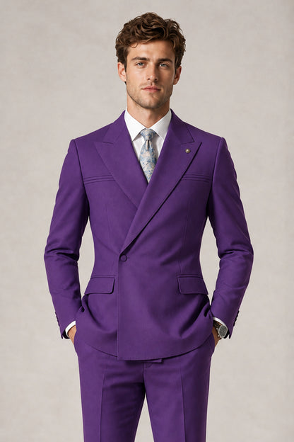 Savile Men's Purple Double-Breasted Slim Fit 2-Piece Suit Set – Peak Lapel Blazer & Cuffed Trousers | Wedding Prom Formal - Purple