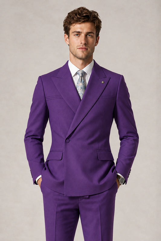 Savile Men's Purple Double-Breasted Slim Fit 2-Piece Suit Set – Peak Lapel Blazer & Cuffed Trousers | Wedding Prom Formal - Purple