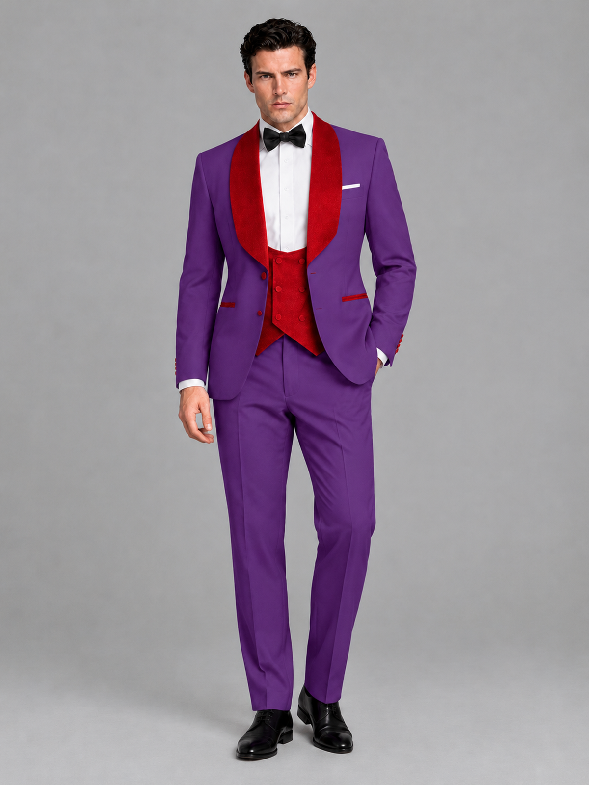Savile Men's Purple 3-Piece Tuxedo Suit Set – Contrast Red Shawl Lapel Blazer, Red Waistcoat & Trousers - SUC020 - Purple