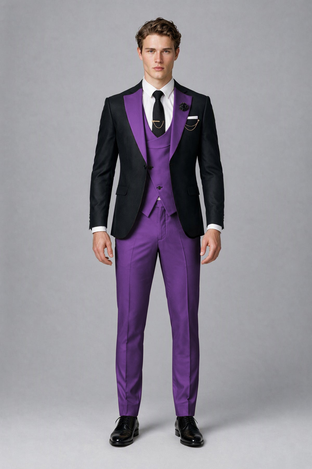 Savile Men's Black & Purple Three-Piece Wedding Suit - Purple