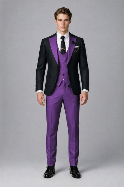 Savile Men's Black & Purple Three-Piece Wedding Suit - Purple