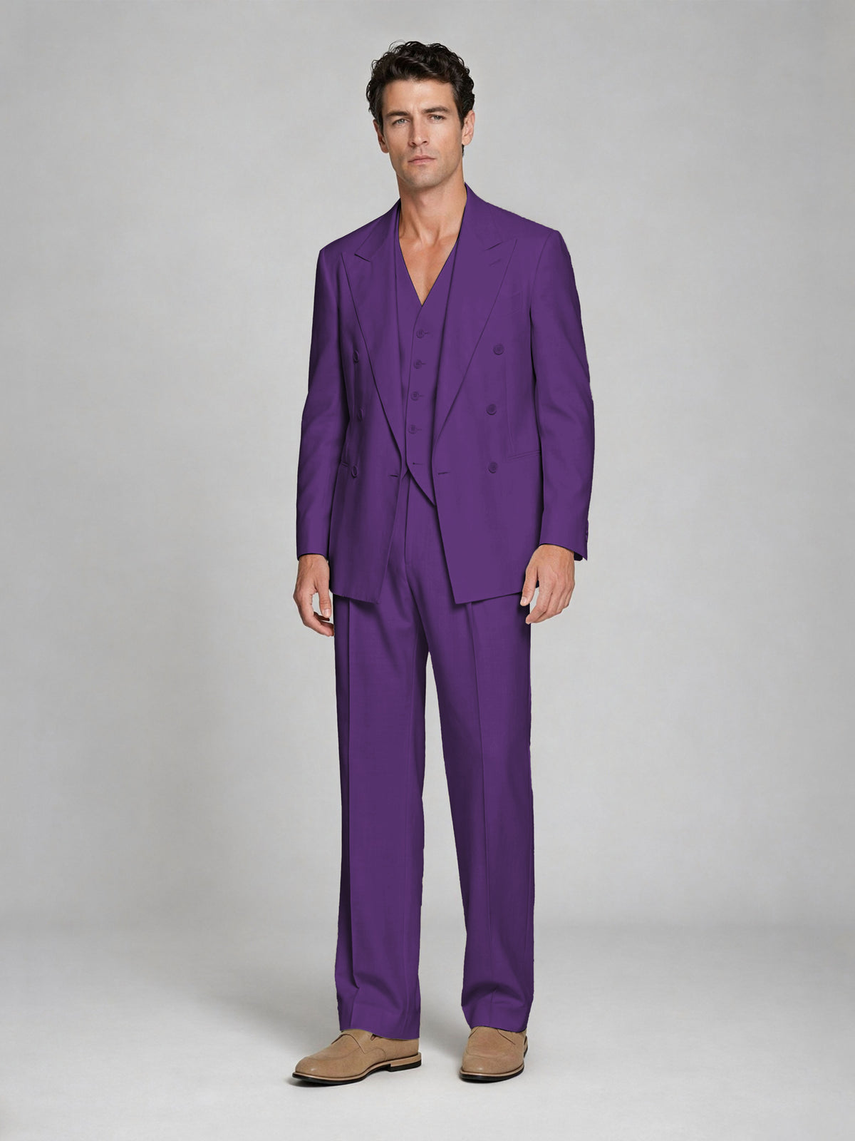 Men's Purple Double-Breasted 2-Piece Suit – Peak Lapel Wedding & Beach Formal Set with Vest - Purple