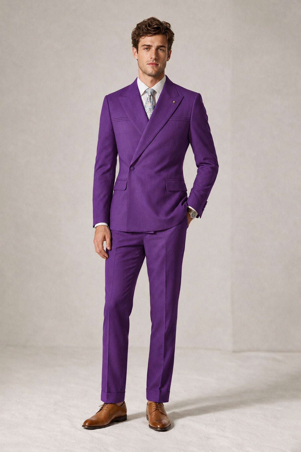 Savile Men's Purple Double-Breasted Slim Fit 2-Piece Suit Set – Peak Lapel Blazer & Cuffed Trousers | Wedding Prom Formal - Purple