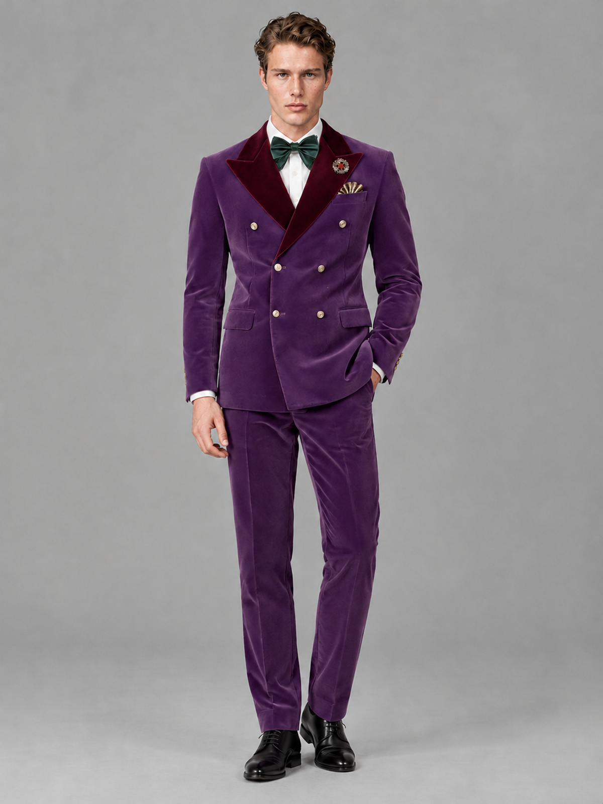 Savile Men's Purple Velvet Double-Breasted 2-Piece Tuxedo Suit with Burgundy Peak Lapel - Purple