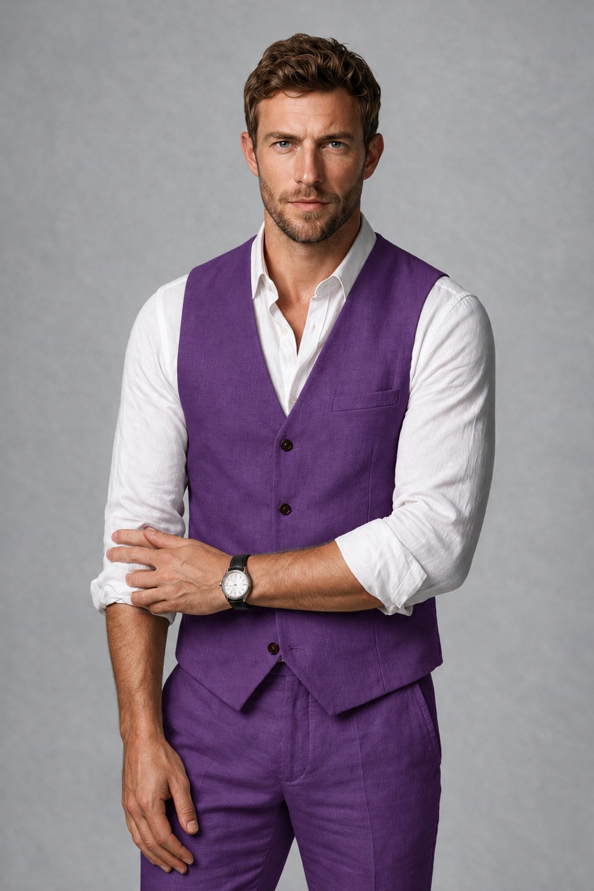 Men's Purple Linen Blend Single-Breasted V-Neck Suit Vest | Savile QX0101 - Purple