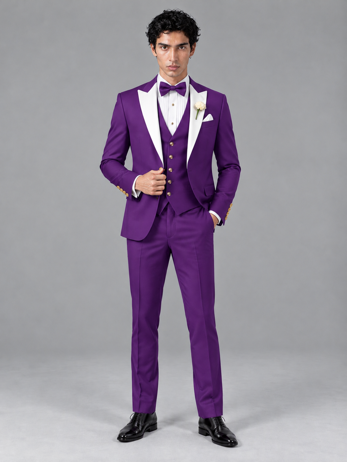 Savile Men's Purple Contrast White Peak Lapel 3-Piece Tuxedo Suit - Purple