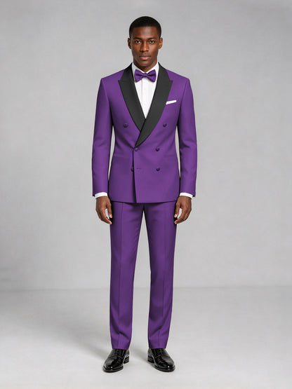 Men's Purple Double-Breasted Tuxedo Suit – Satin Shawl Lapel Purple-Tie Wedding & Gala 2-Piece Set - Purple