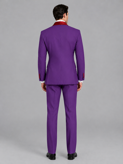 Savile Men's Purple 3-Piece Tuxedo Suit Set – Contrast Red Shawl Lapel Blazer, Red Waistcoat & Trousers - SUC020 - Purple