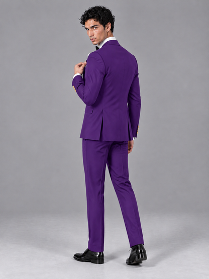 Savile Men's Purple Contrast White Peak Lapel 3-Piece Tuxedo Suit - Purple