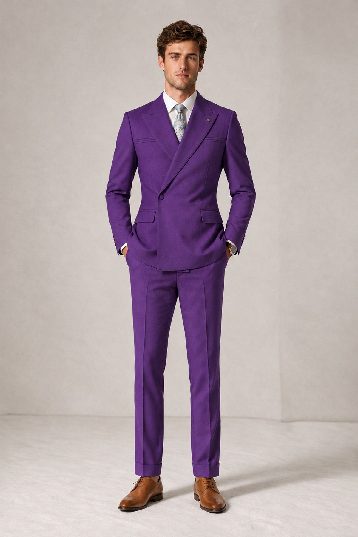 Savile Men's Purple Double-Breasted Slim Fit 2-Piece Suit Set – Peak Lapel Blazer & Cuffed Trousers | Wedding Prom Formal - Purple