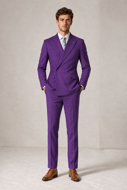 Savile Men's Purple Double-Breasted Slim Fit 2-Piece Suit Set – Peak Lapel Blazer & Cuffed Trousers | Wedding Prom Formal - Purple