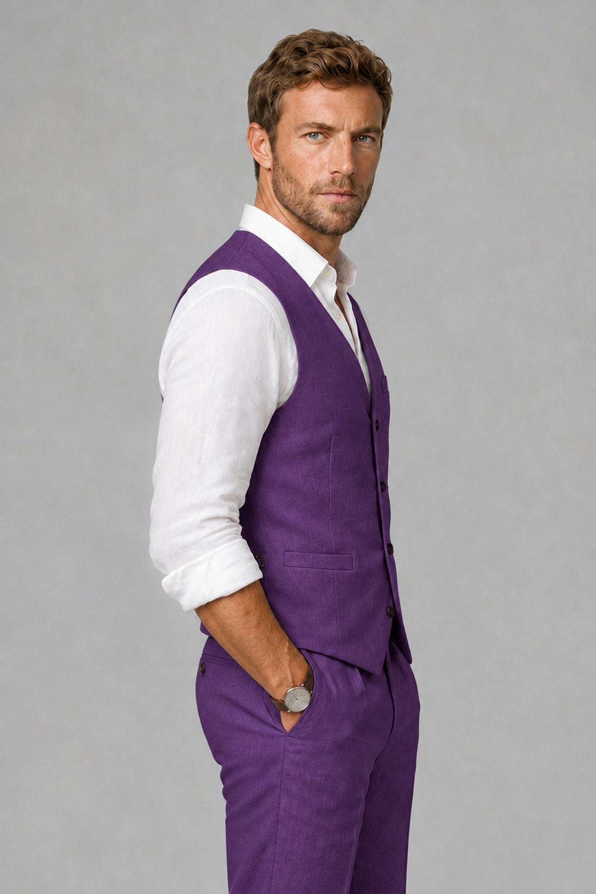Men's Purple Linen Blend Single-Breasted V-Neck Suit Vest | Savile QX0101 - Purple