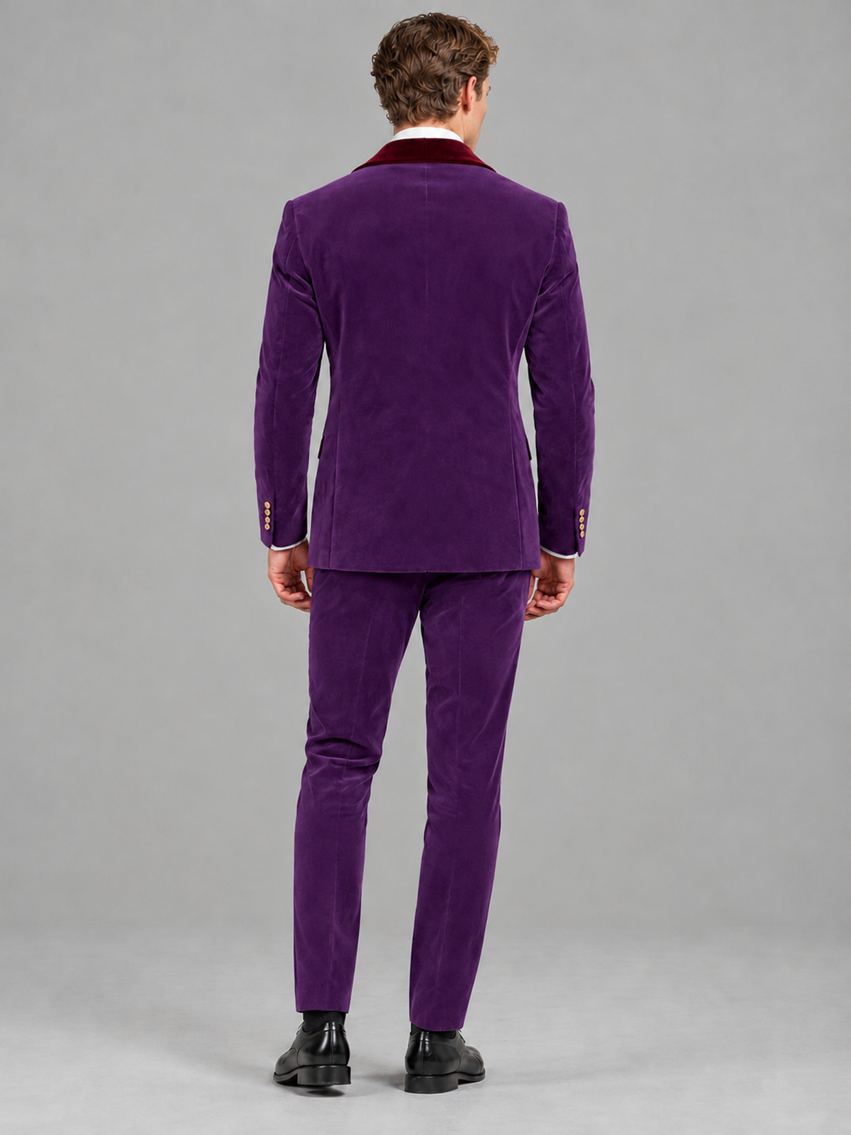Savile Men's Purple Velvet Double-Breasted 2-Piece Tuxedo Suit with Burgundy Peak Lapel - Purple