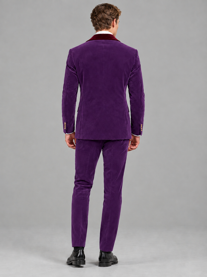 Savile Men's Purple Velvet Double-Breasted 2-Piece Tuxedo Suit with Burgundy Peak Lapel - Purple
