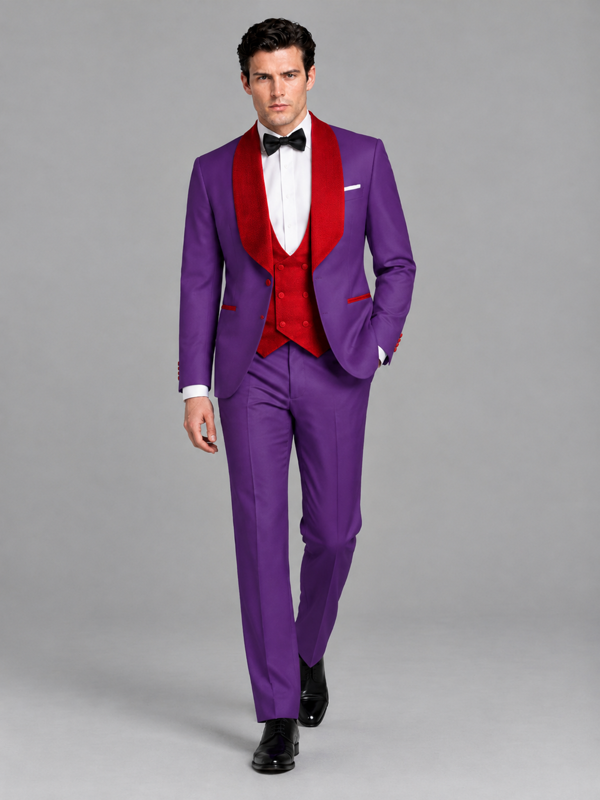 Savile Men's Purple 3-Piece Tuxedo Suit Set – Contrast Red Shawl Lapel Blazer, Red Waistcoat & Trousers - SUC020 - Purple