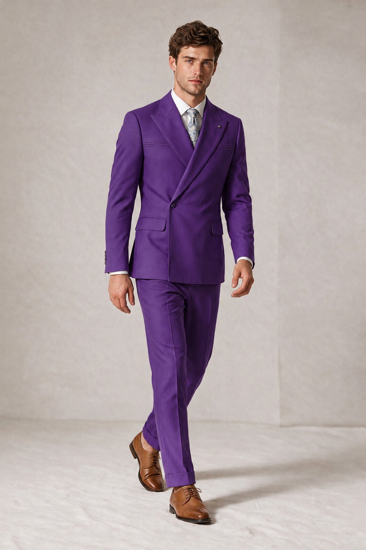 Savile Men's Purple Double-Breasted Slim Fit 2-Piece Suit Set – Peak Lapel Blazer & Cuffed Trousers | Wedding Prom Formal - Purple