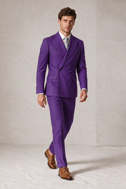 Savile Men's Purple Double-Breasted Slim Fit 2-Piece Suit Set – Peak Lapel Blazer & Cuffed Trousers | Wedding Prom Formal - Purple