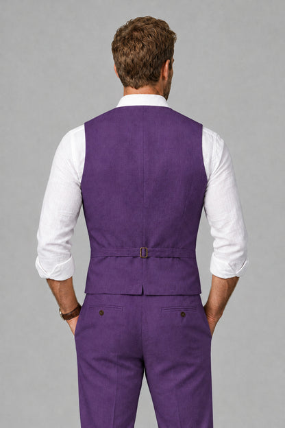 Men's Purple Linen Blend Single-Breasted V-Neck Suit Vest | Savile QX0101 - Purple