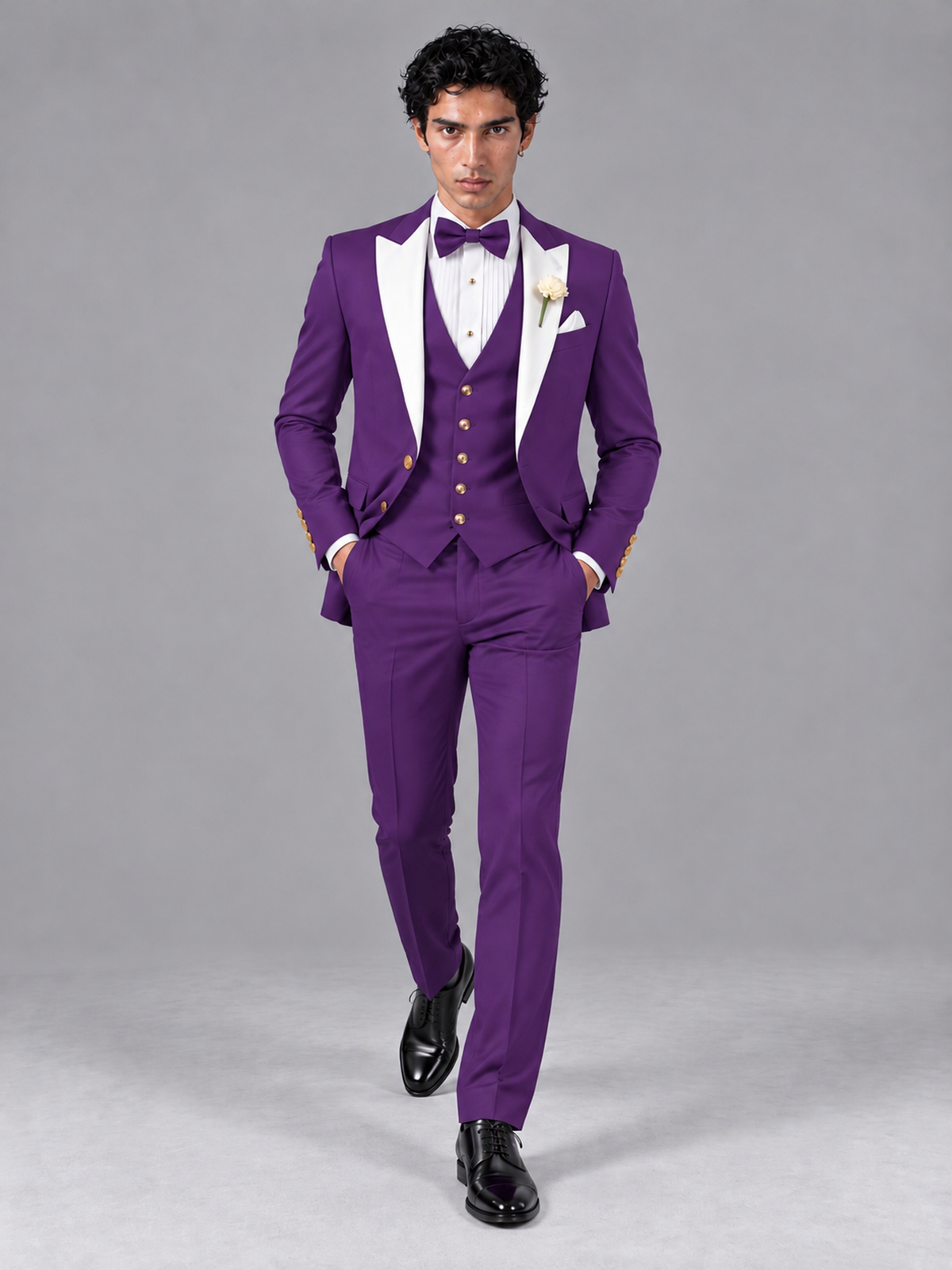 Savile Men's Purple Contrast White Peak Lapel 3-Piece Tuxedo Suit - Purple
