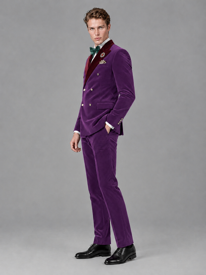 Savile Men's Purple Velvet Double-Breasted 2-Piece Tuxedo Suit with Burgundy Peak Lapel - Purple