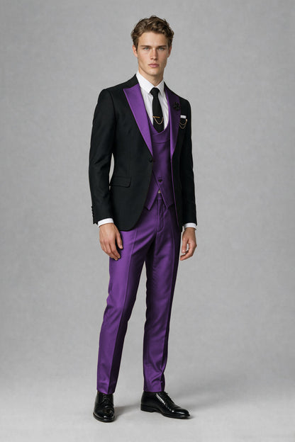 Savile Men's Black & Purple Three-Piece Wedding Suit - Purple