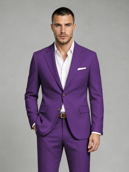 Savile Men's Dark Purple Wool-Blend 2-Piece Suit Set – Two-Button Notch Lapel Slim-Fit Blazer & Turn-Up Trousers - Purple