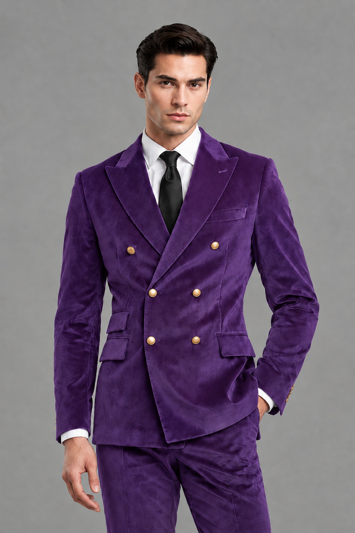 Savile Men's Purple Velvet Double-Breasted 2-Piece Suit Set | Peak Lapel Blazer & Trousers - Purple