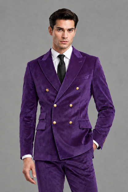 Savile Men's Purple Velvet Double-Breasted 2-Piece Suit Set | Peak Lapel Blazer & Trousers - Purple