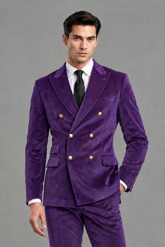 Savile Men's Purple Velvet Double-Breasted 2-Piece Suit Set | Peak Lapel Blazer & Trousers - Purple