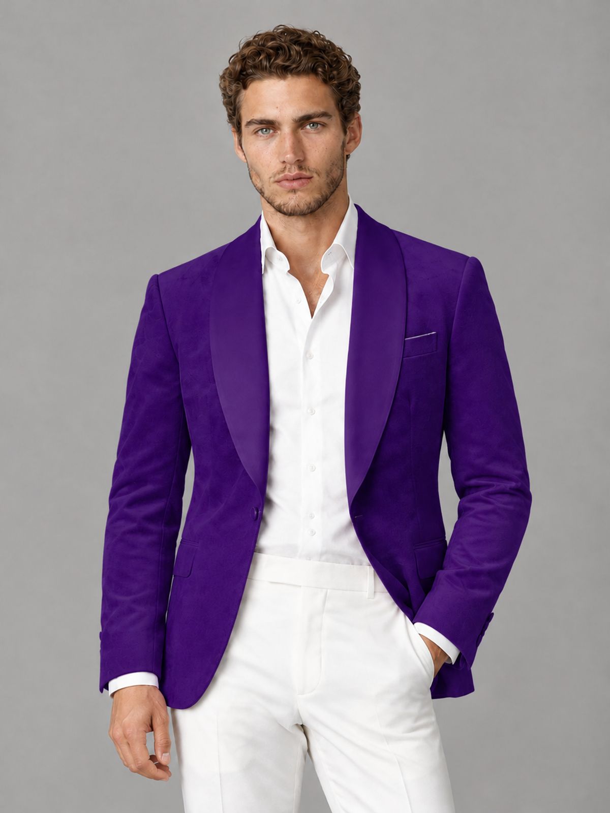 Savile Men's Purple Velvet Shawl Lapel 2-Piece Tuxedo Suit Set | Jacket & White Trousers - Purple - Purple (1)
